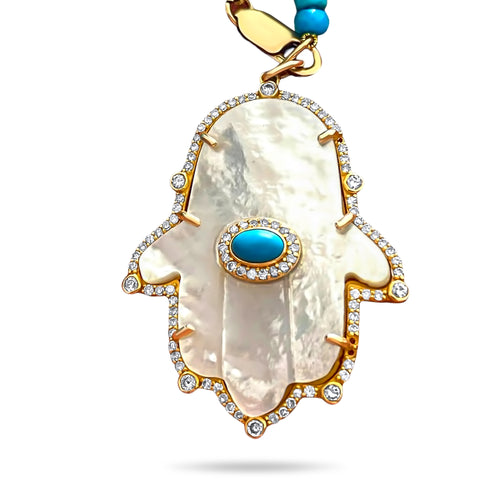 BIMINI MOTHER OF PEARL DIAMOND TURQUOISE HAMSA