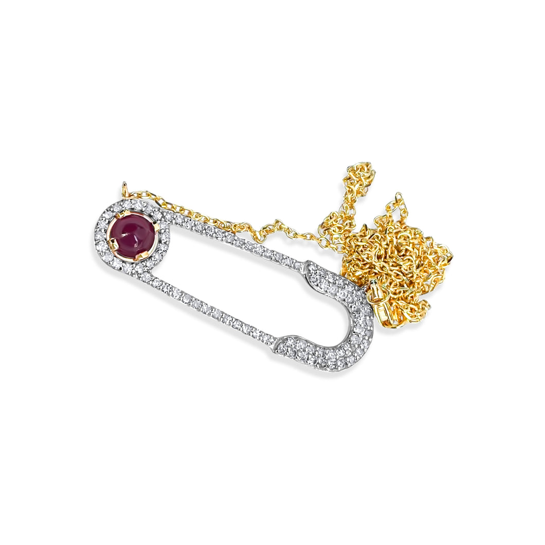 ANYA DIAMOND SAFETY PIN NECKLACE WITH RUBY