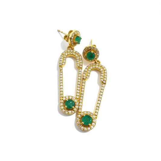 SILVER DIAMOND EMERALD SAFETY PIN EARRINGS