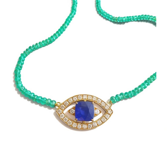 LEMURIA  SAPPHIRE  EMERALD EVIL EYE NECKLACE