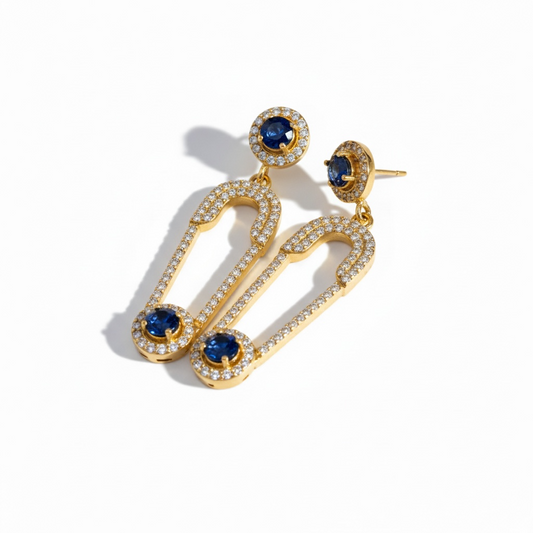SILVER DIAMOND SAPPHIRE SAFETY PIN EARRINGS