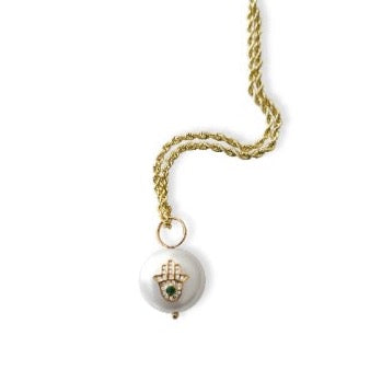 PALOMA PEARL CHARM WITH DIAMOND EMERALD HAMSA