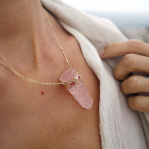 PEGASUS PINK QUARTZ CRYSTAL RUBY DIAMOND NECKLACE