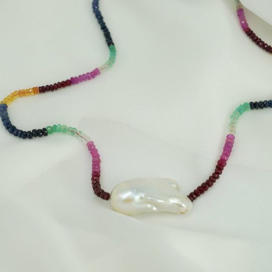 ST TROPEZ MIXED SAPPHIRE BAROQUE PEARL NECKLACE