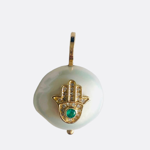 Prussia Pearl Charm with diamond and emerald hamsa