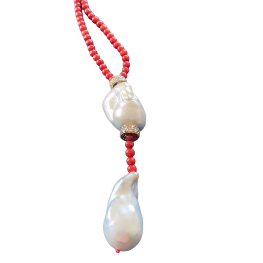 CARRARA ITALIAN CORAL BAROQUE PEARL WITH GOLD  DIAMONDS NECKLACE