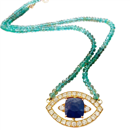 LEMURIA  SAPPHIRE  EMERALD EVIL EYE NECKLACE