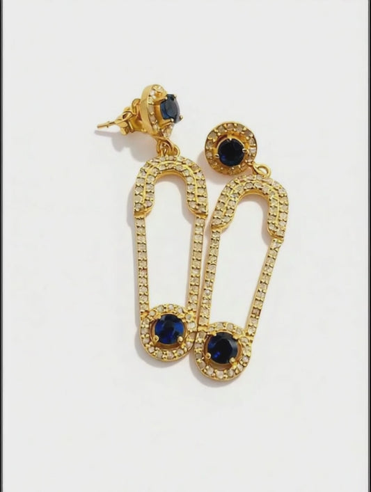 SILVER DIAMOND SAPPHIRE SAFETY PIN EARRINGS