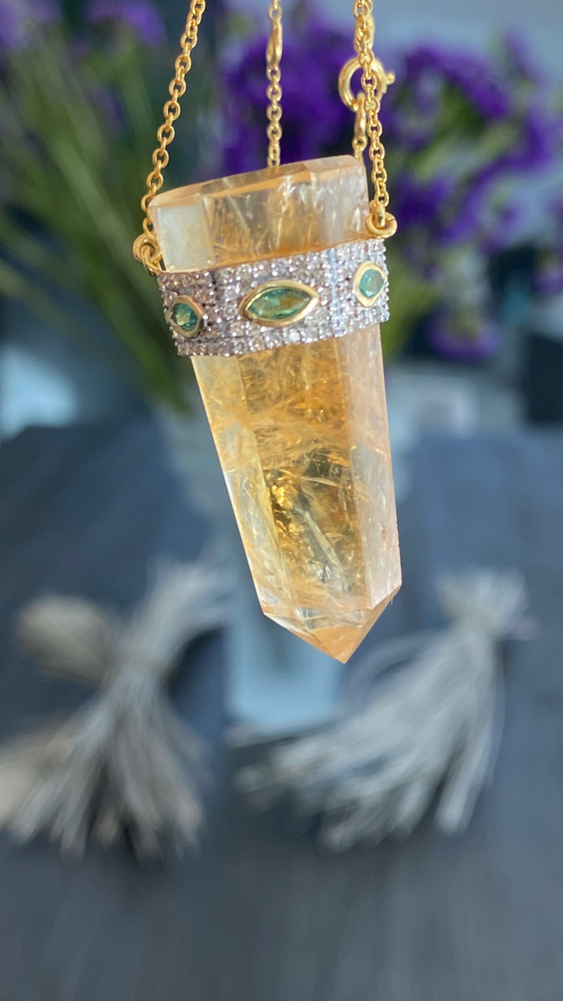 57 carat HUGE 14K Yellow Gold Emerald Crystal Pendant