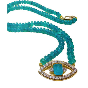 Diamond & Emerald Evil Eye Necklace On a Natural Emerald Necklace