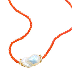 Italian Coral Baroque Pearl Diamond Discs Necklace