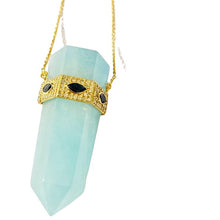 Load image into Gallery viewer, Aquamarine crystal pendant necklace with sapphire evil eye