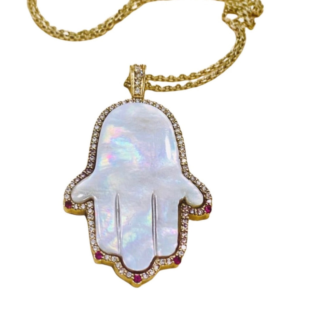 ALICIA MOTHER OF PEARL DIAMOND RUBY HAMSA