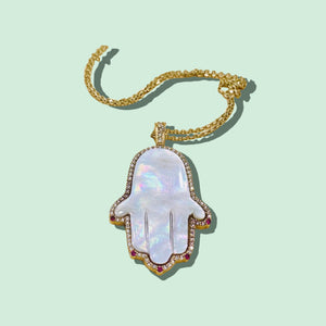 ALICIA MOTHER OF PEARL DIAMOND RUBY HAMSA