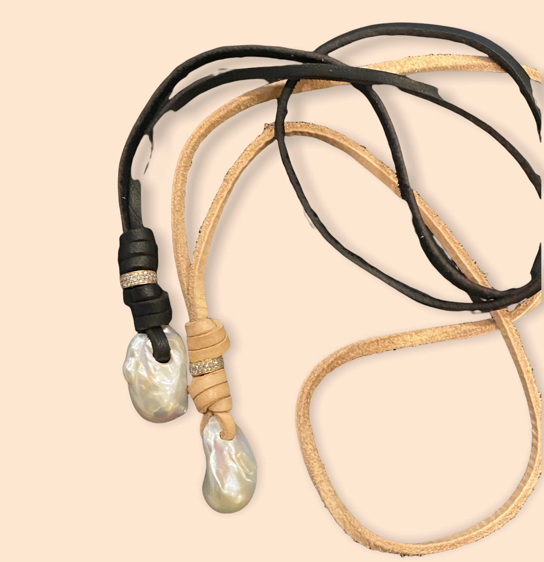 Leather & Baroque Pearl Diamond Necklace
