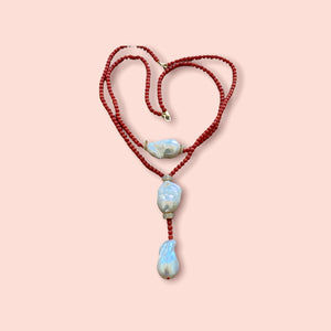 Italian Coral Baroque Pearl Diamond Discs Necklace