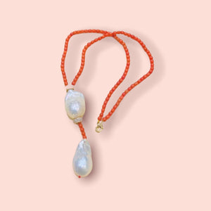 Italian Natural Coral Baroque Pearl with Gold Diamond Discs