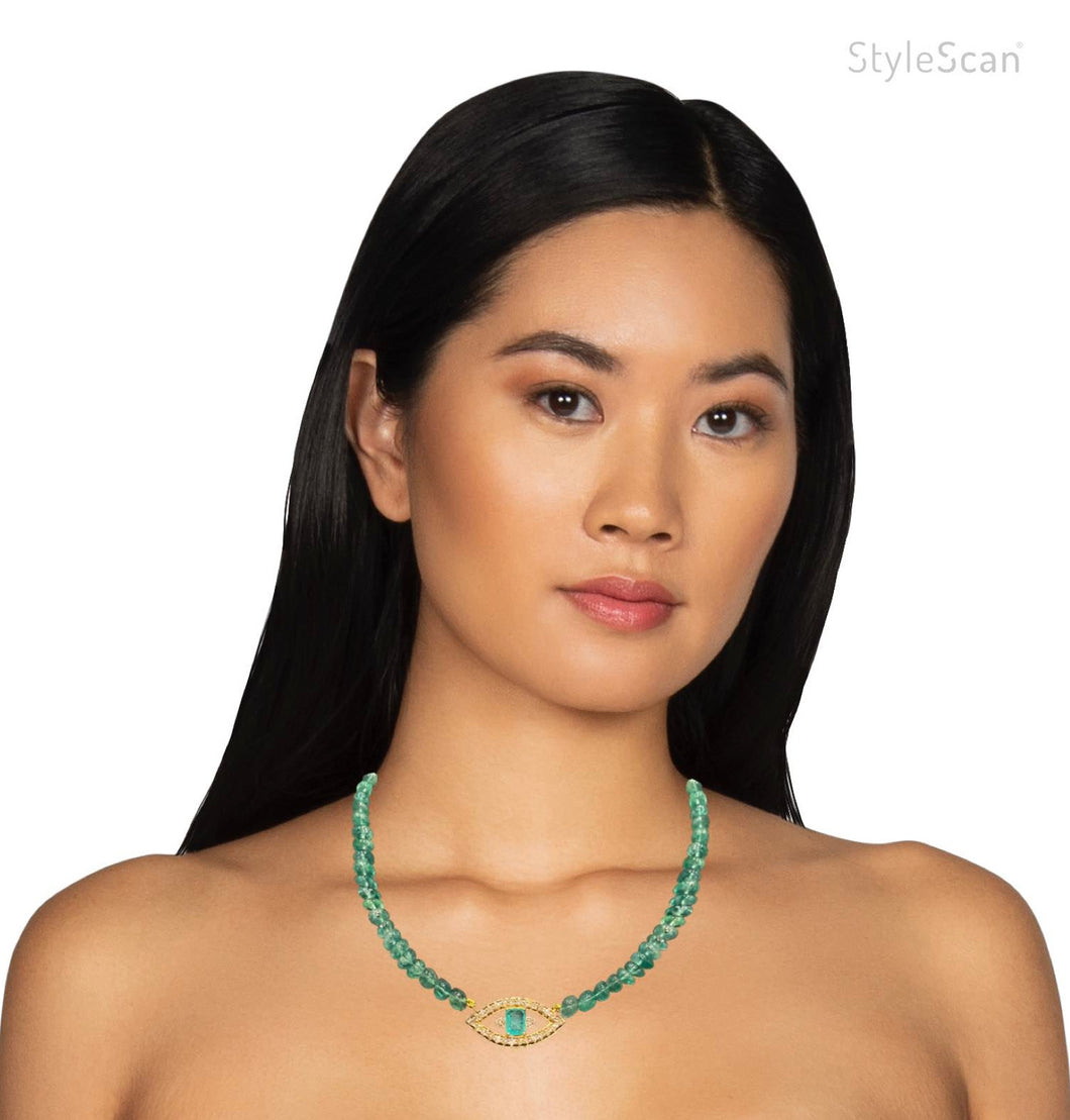 Diamond & Emerald Evil Eye Necklace On a Natural Emerald Necklace